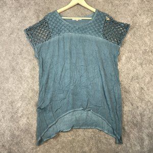 Tantrums Top XXL Distressed Tunic Blue Gray Gauze Knit Net Semi Sheer Causal